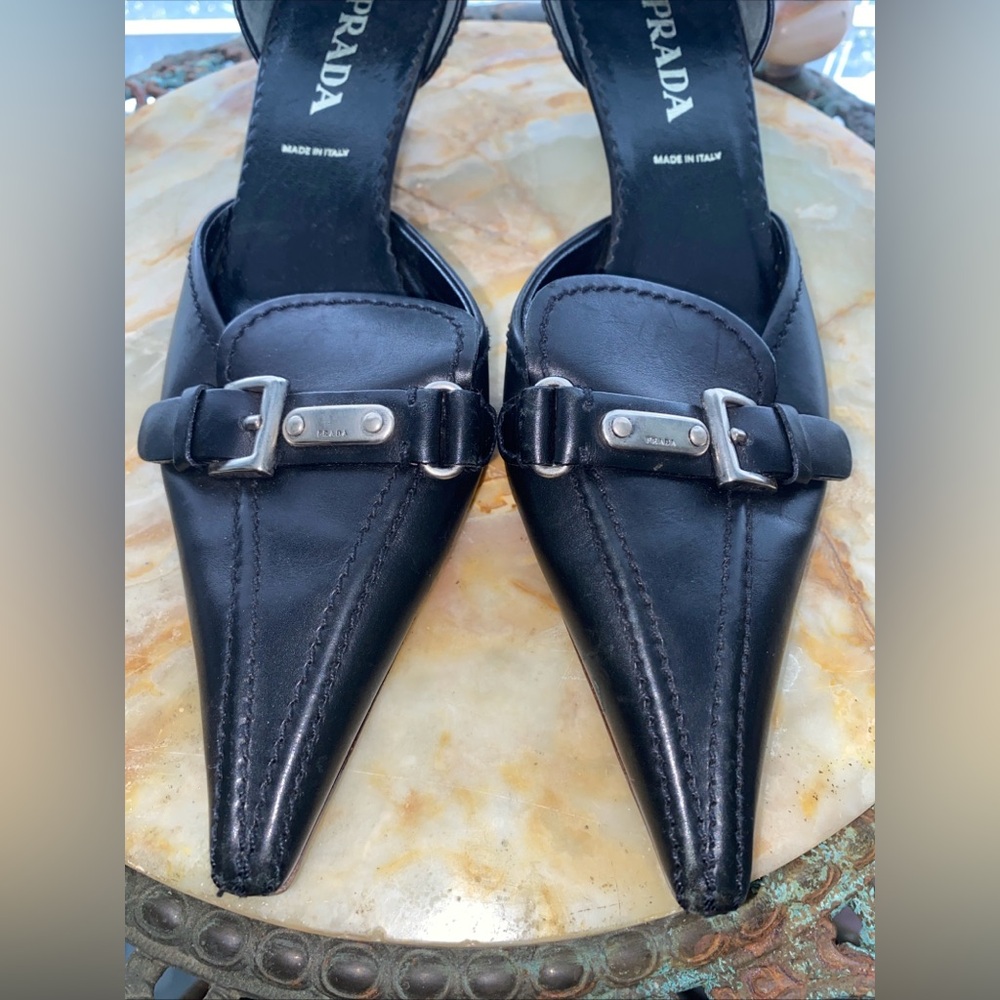 Vintage Prada Black Leather Pointed-Toe D'Orsay Flats Sz 36 - Picture 2 of 6